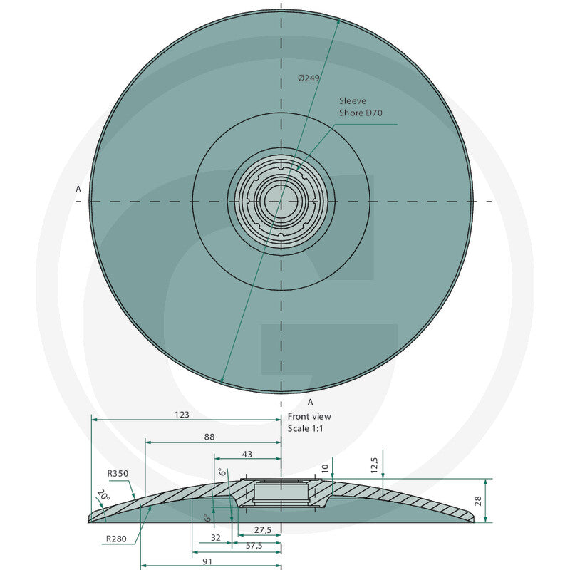 Granit Flexible Disc 18018041 teal tillage part; front and top views with central hub