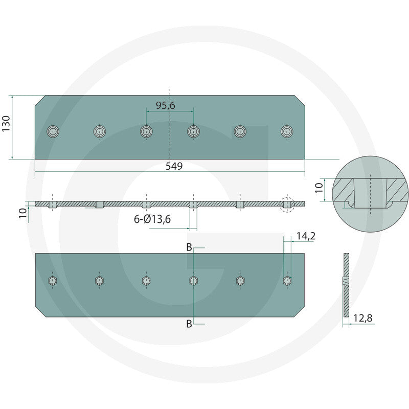 Granit Landside (Long/Wide) tillage plate with six mounting holes, teal.