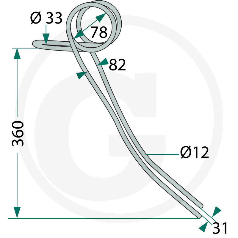Granit Following Harrow Tine, tillage part, 360 mm long steel with 33 mm loop diameter and 12 mm shaft