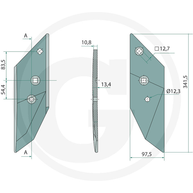 Granit Share Point (Right) tillage part, teal metal with mounting holes and dimensions