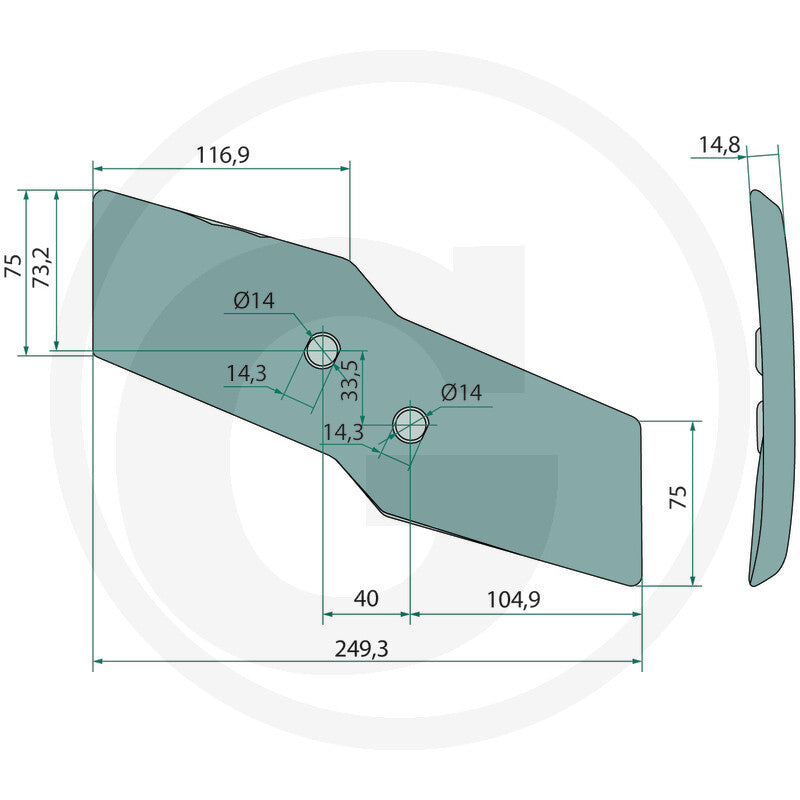 Reversible Point (Left) - GRANIT 56028 622129 for tillage parts; dimensioned drawing