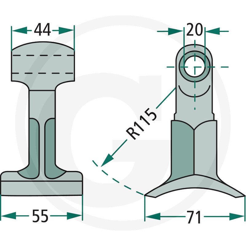 Pruning T Flail blade guard for Spearhead MP1/Bomford, DGT Agri; hedgecutter flails with dimensions 44/55/71 and R115.