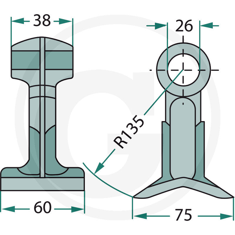 Blade guard for pruning competition flail; teal/gray guard with mounting hole and R135 radius.