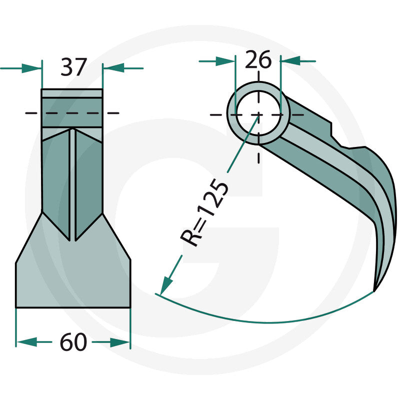 Pruning hammer flail for hedge trimmer; McConnel, teal/gray metal; head width 60mm, Ø26mm hole, radius 125mm.