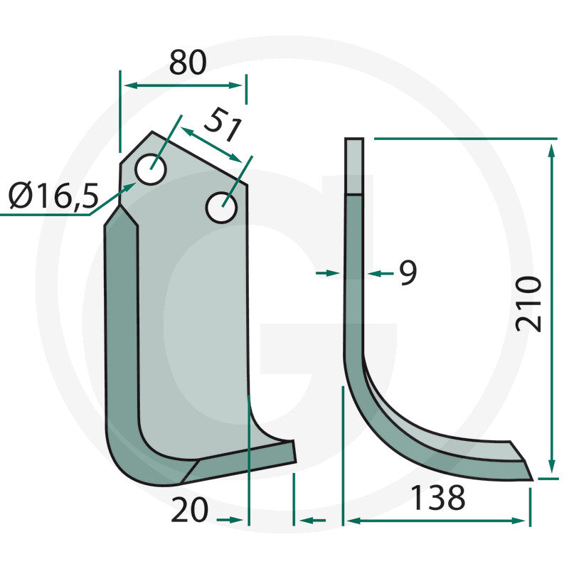 Curved blade by GRANIT for tillage parts, 180HOW-08R, with two 16.5 mm mounting holes