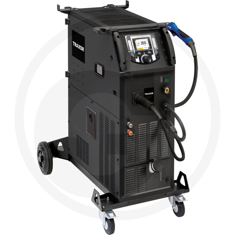 TRAXOR Multipuls 400+ welding machine on a wheeled cart with handheld torch