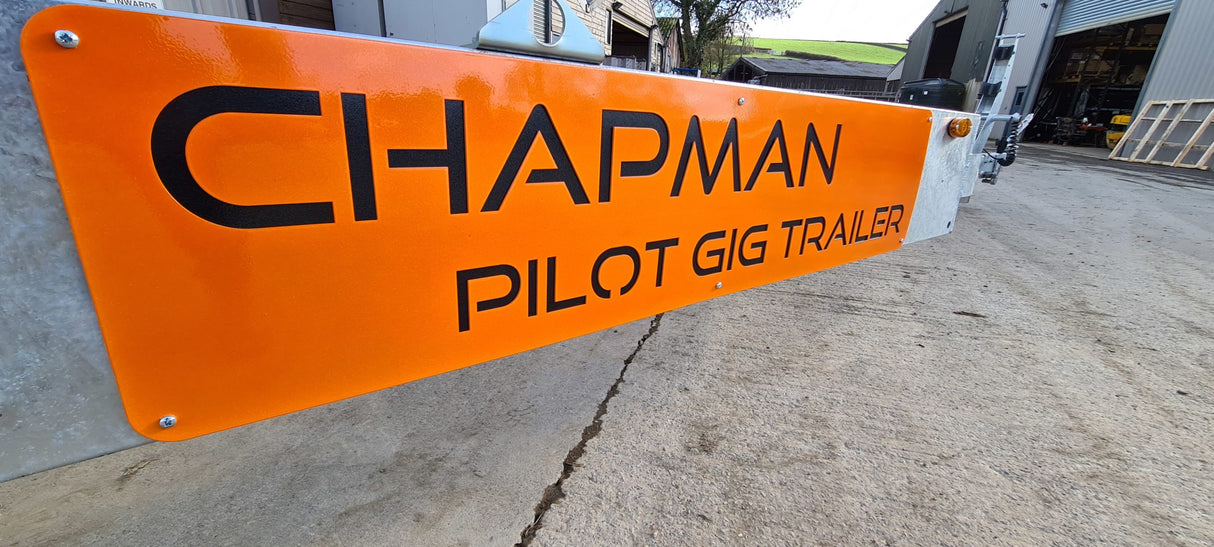 Chapman GT920 Cornish Pilot Gig Boat Trailer, orange sign panel with black Chapman branding
