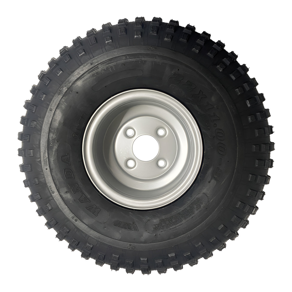 ATV wheel and tire, 22x11x8, black knobby tire mounted on a silver steel rim
