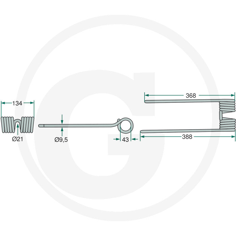 Granit Rotary Tedder Tine Green, single unit; schematic showing coil spring and tine with dimensions.
