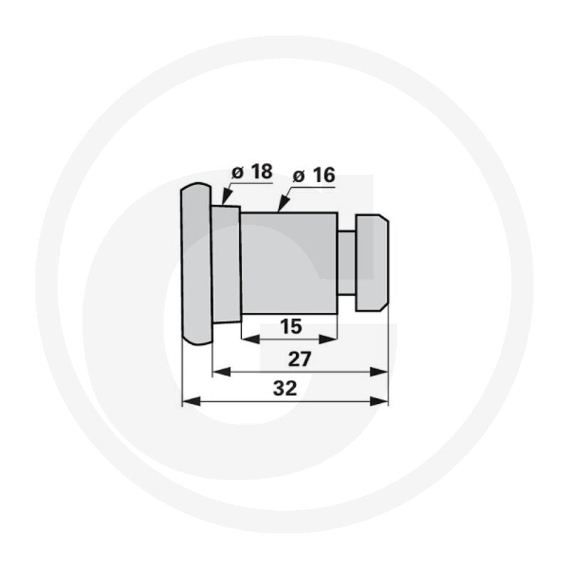 Granit Blade Pin for Lely Splendimo 320 MC, grey technical drawing showing Ø18/Ø16 diameters and 32/27/15 mm lengths