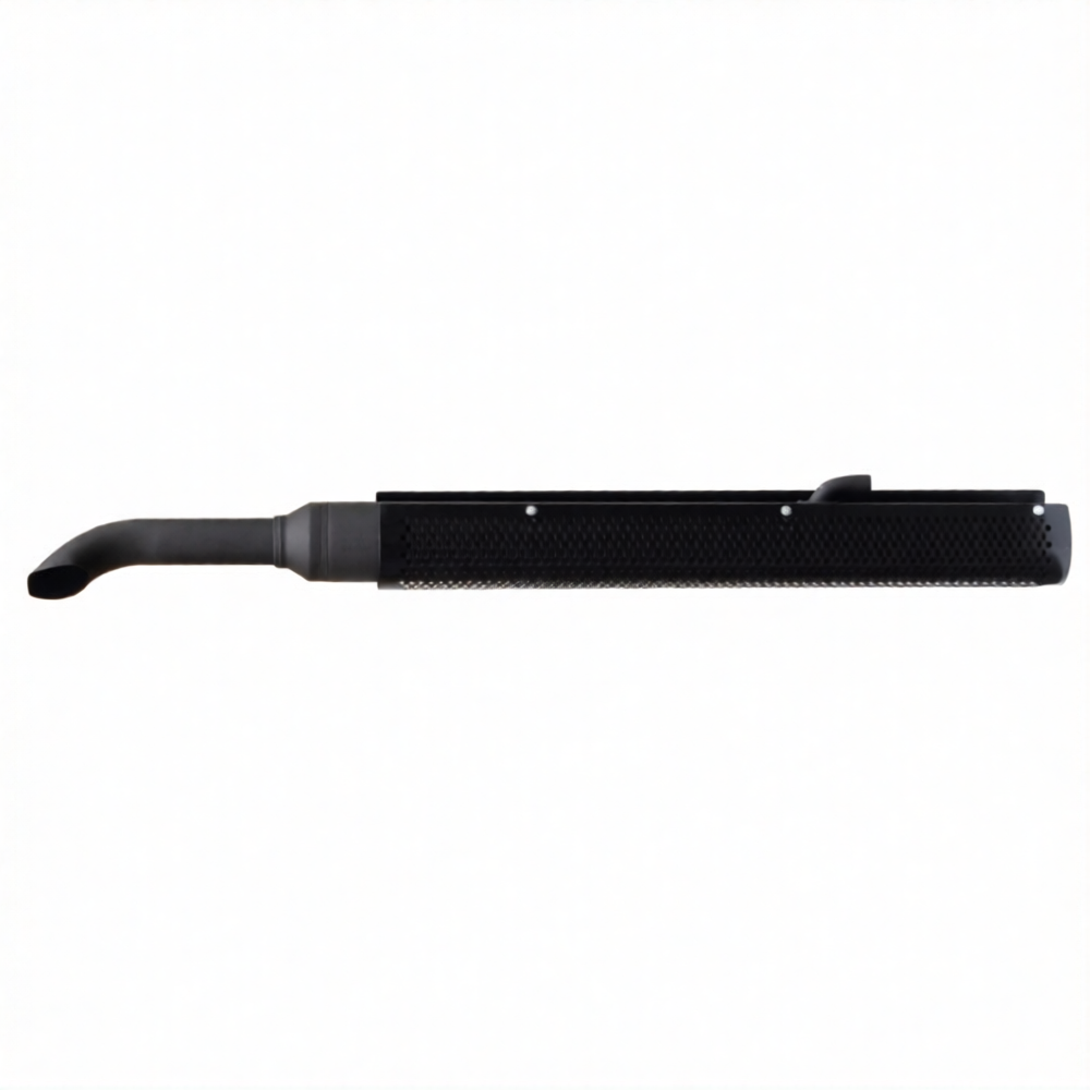 Silencer for Case IH MXU, NH T6000, Steyr Profi 4110 tractors; black perforated exhaust muffler with curved inlet.