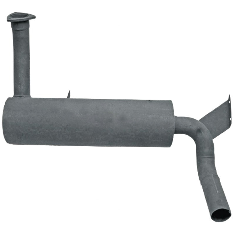 GRANIT silencer exhaust muffler, gray metal with vertical inlet pipe and curved outlet
