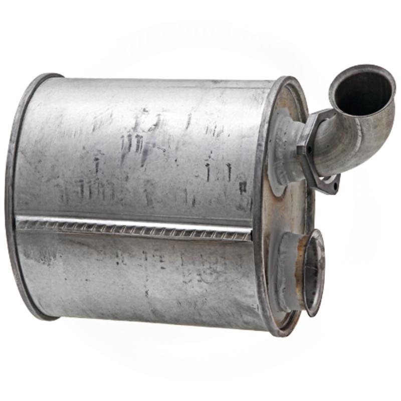 Silencer for John Deere 6600–6900 tractors; silver metal canister with top-right exhaust outlet