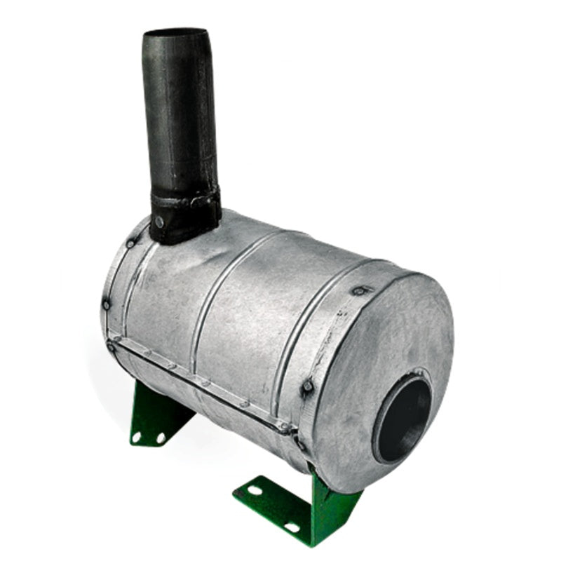 Silencer by GRANIT for John Deere tractors, horizontal exhaust muffler, metal body with green mounting brackets