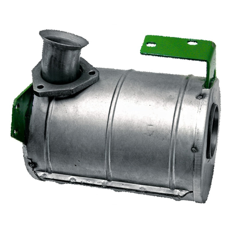 Machinery exhaust silencer GRANIT for John Deere 2250/2450, downward exhaust, silver metal with green mounting brackets
