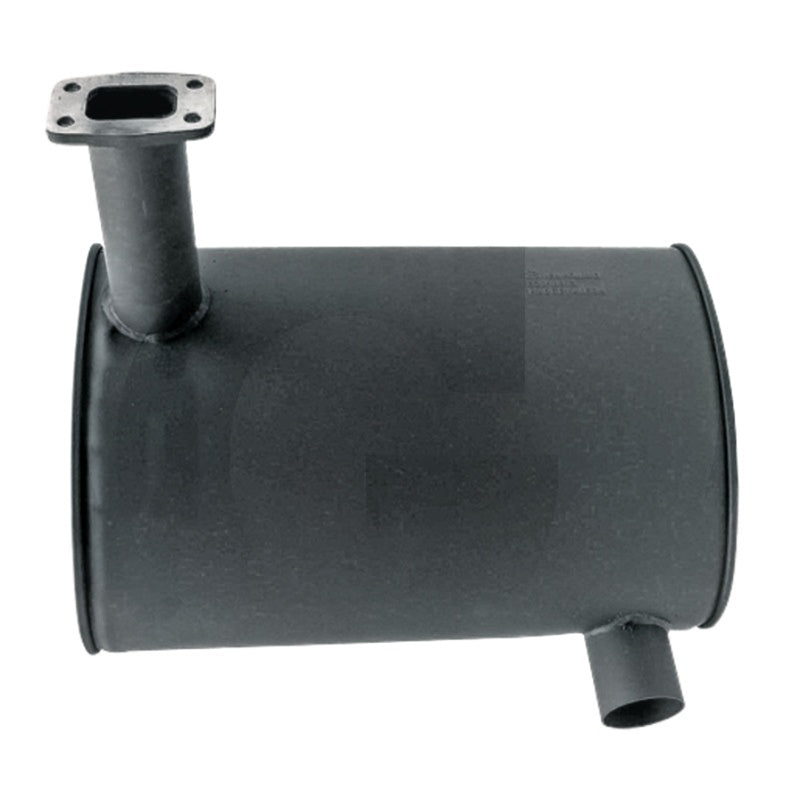 GRANIT machinery exhaust silencer, horizontal cylindrical muffler in dark gray with flange inlet and angled outlet