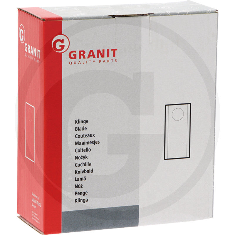 Mowing blade left pack of 25 Granit quality parts box in red and grey packaging.