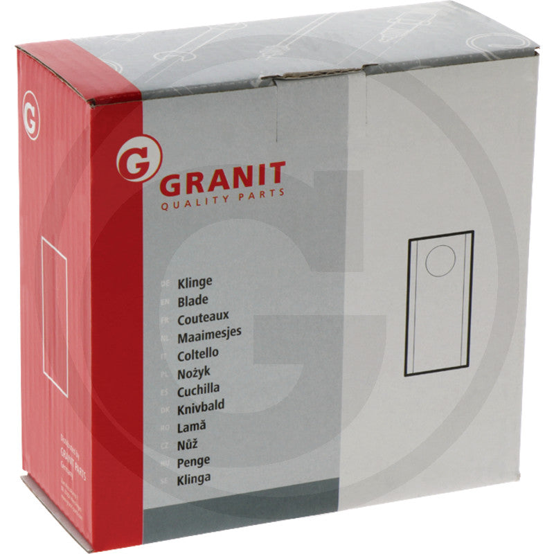 Granit mowing blade box, pack of 25, red and gray packaging with GRANIT logo