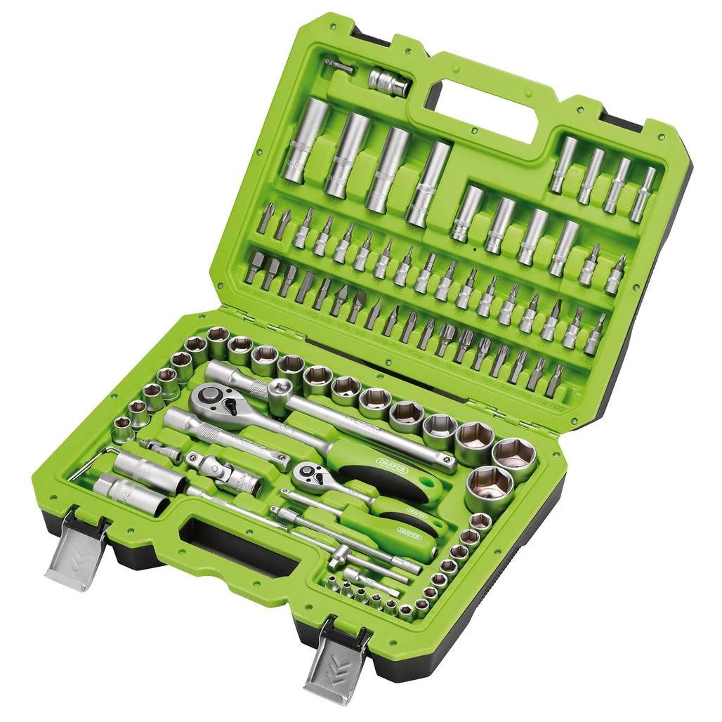 Draper HI-TORQ 100-Piece Tool Set in green case with 1/4 in and 1/2 in drive ratchets; includes 72-tooth ratchets