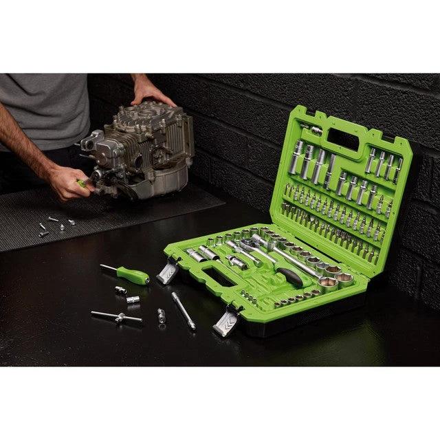 Draper HI-TORQ 100-Piece Tool Set in a bright green case with 1/4" and 1/2" drive sockets and 72-tooth ratchets