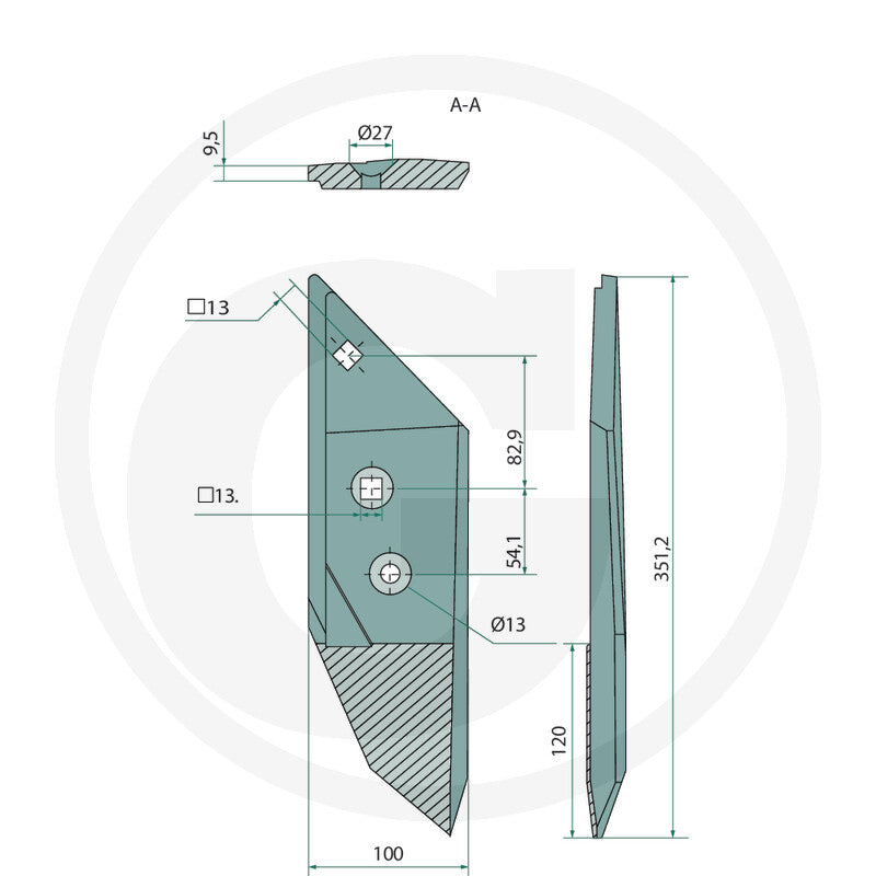 Granit Share Point tillage part 56017/3364151; steel blade with mounting holes, technical drawing