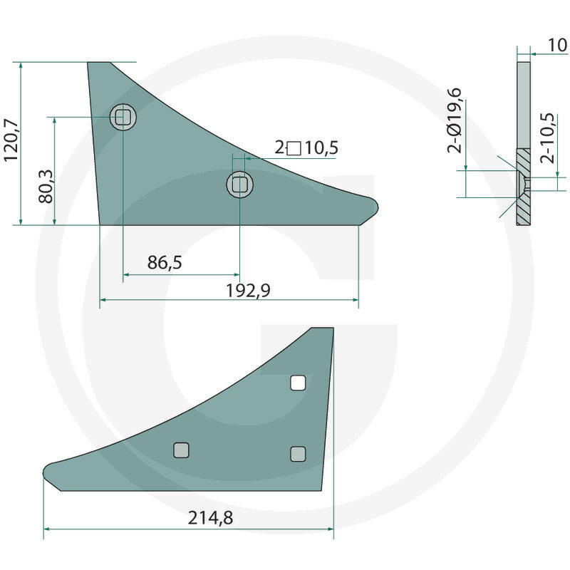 Landside wedge - teal metal tillage part with mounting holes, shown in side and plan views CAD drawing