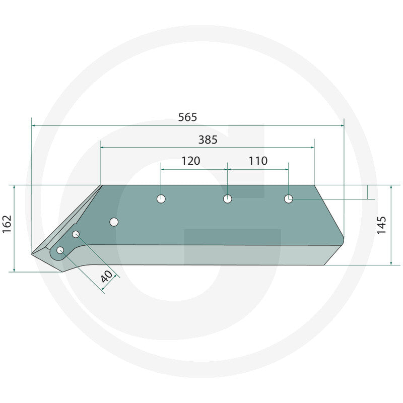GRANIT reversible point share 10mm, 16in tillage part with mounting holes — technical drawing