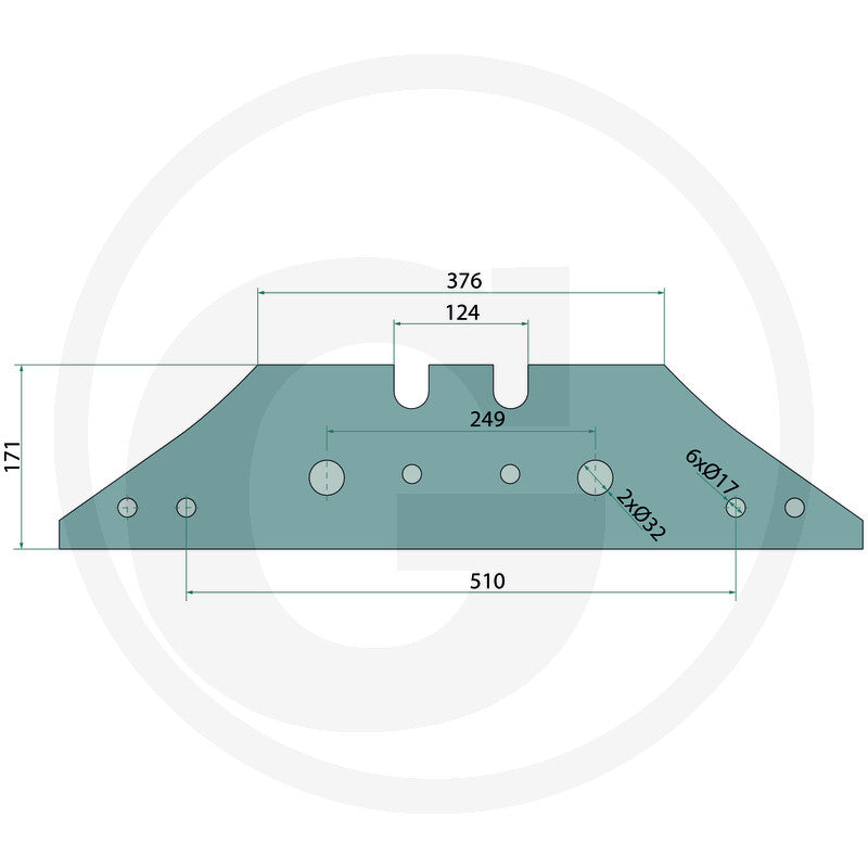 Landside 56034 073609, GRANIT teal metal tillage part with multiple holes, 510 mm long.