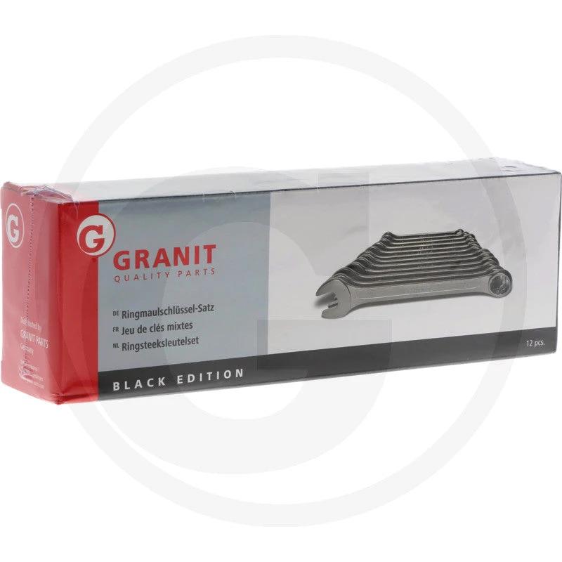 Combination spanner set GRANIT Black Edition, 12-piece, 8-19mm in a tool roll.