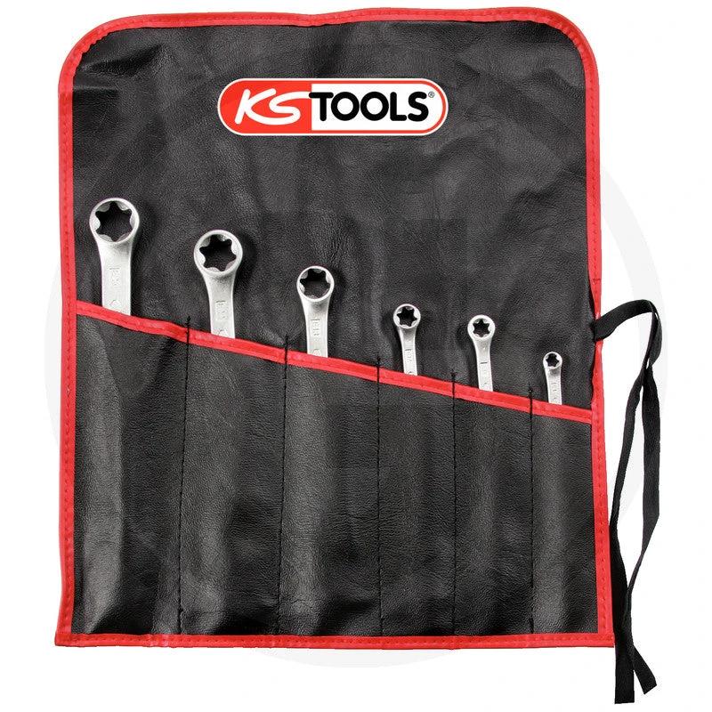 KS Tools TX-E 6-Piece Double Ring Spanner Set in red-trimmed roll bag