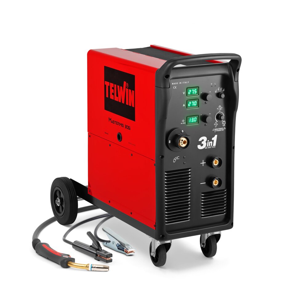 Telwin Mastermig 305i welder on red portable cart, 230V/400V, 3-in-1 with torch and clamps