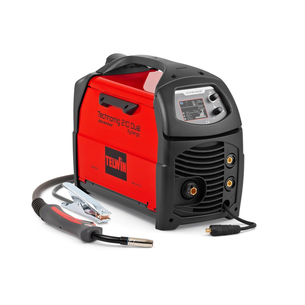 Telwin Technomig 210 dual inverter welder, red and black with welding torch and cables