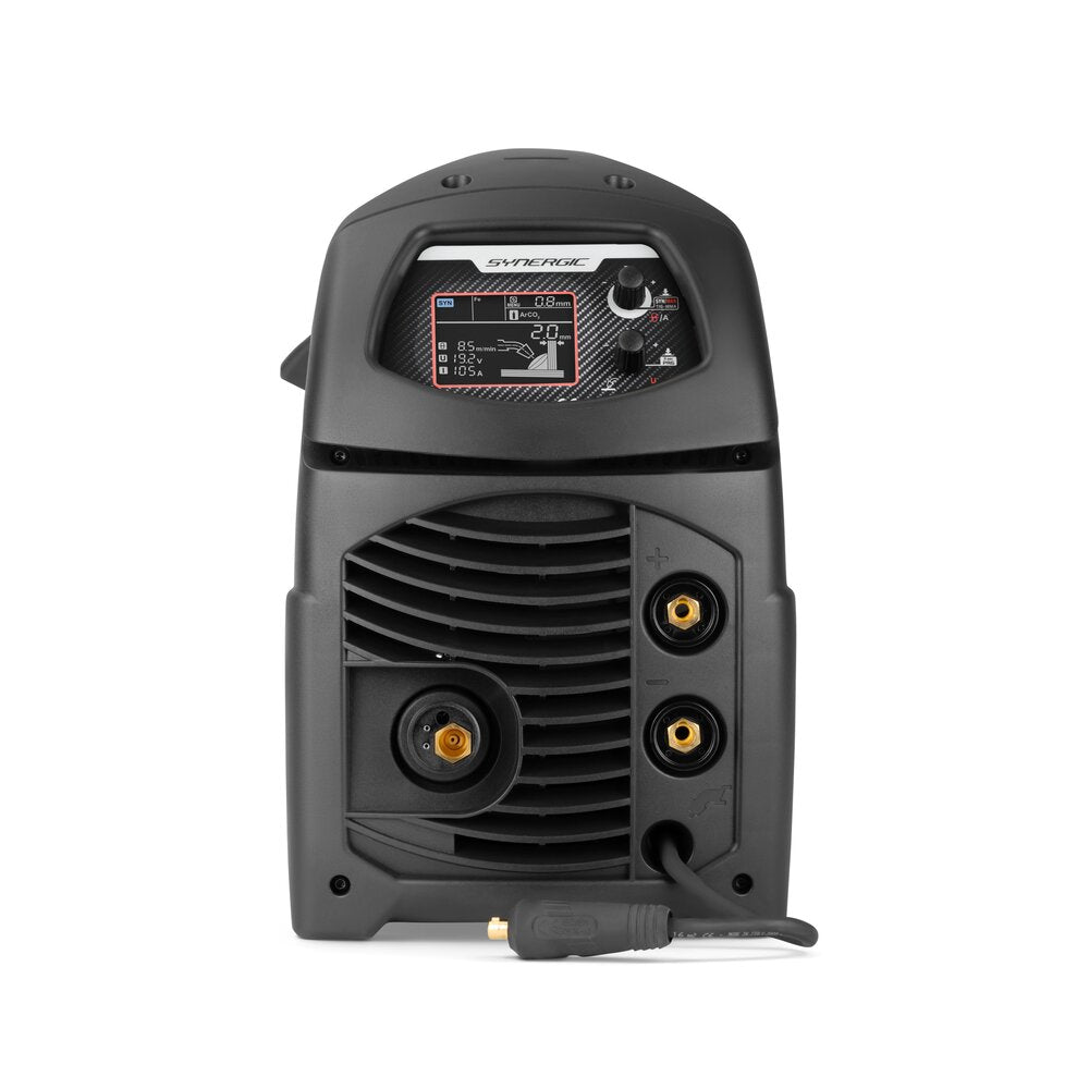 Telwin Technomig 210 welder, black unit with front-panel controls and cable connectors.