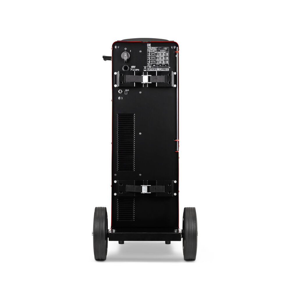 Telwin Electromig 300 Synergic Welder on a wheeled cart, black with red trim
