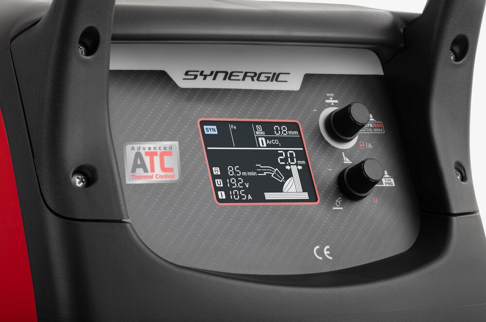 Telwin Electromig 300 Synergic welder control panel with digital display and ATC thermal control badge