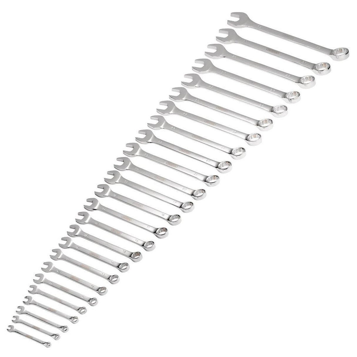 Draper HI-TORQ 25-piece chrome spanner set, 6–32mm, arranged in a row.