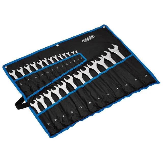 Draper HI-TORQ 25-piece combination spanner set (6-32mm) in a blue roll-up pouch