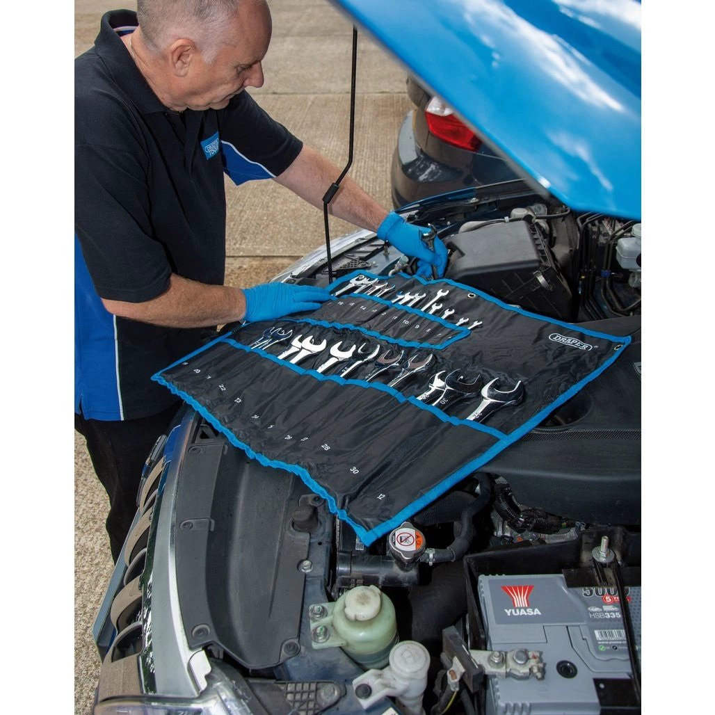 Draper HI-TORQ 25-piece combination spanner set in blue-trim pouch