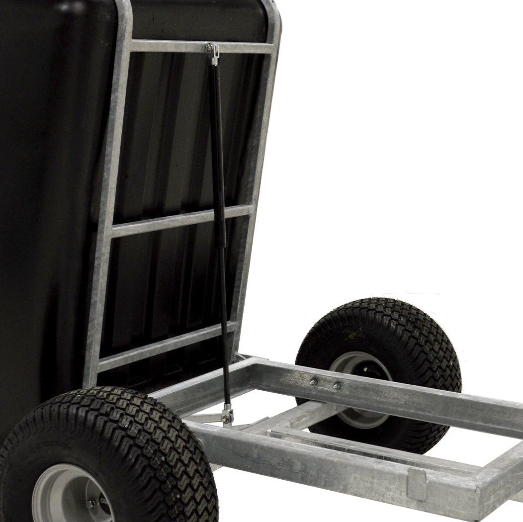 JFC Agri ATV Tip Assist Trailer with gas strut, galvanized frame and black bed, 500kg capacity