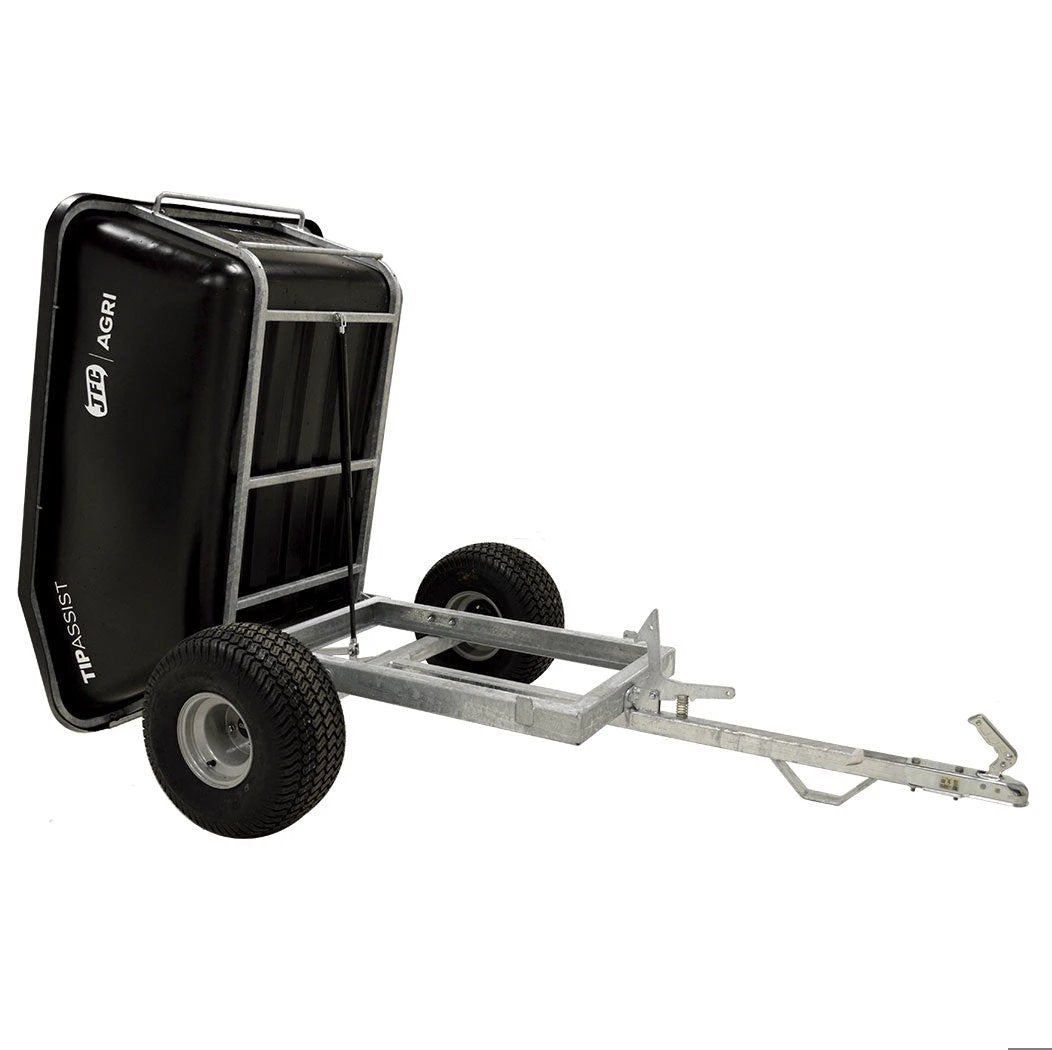 Trailer: JFC Agri ATV Tip Assist Trailer, black tipping tub on galvanized frame, gas-strut tipping, 500kg capacity