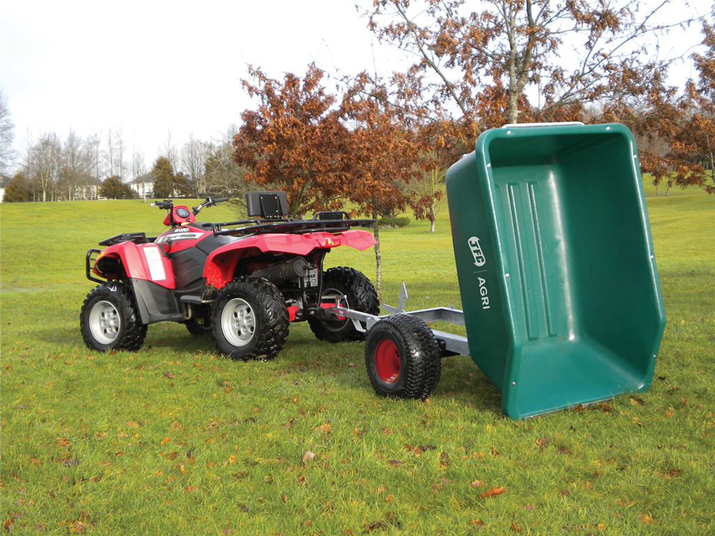 JFC Agri ATV tipping trailer, 500L, green with galvanised frame, hitched to red ATV