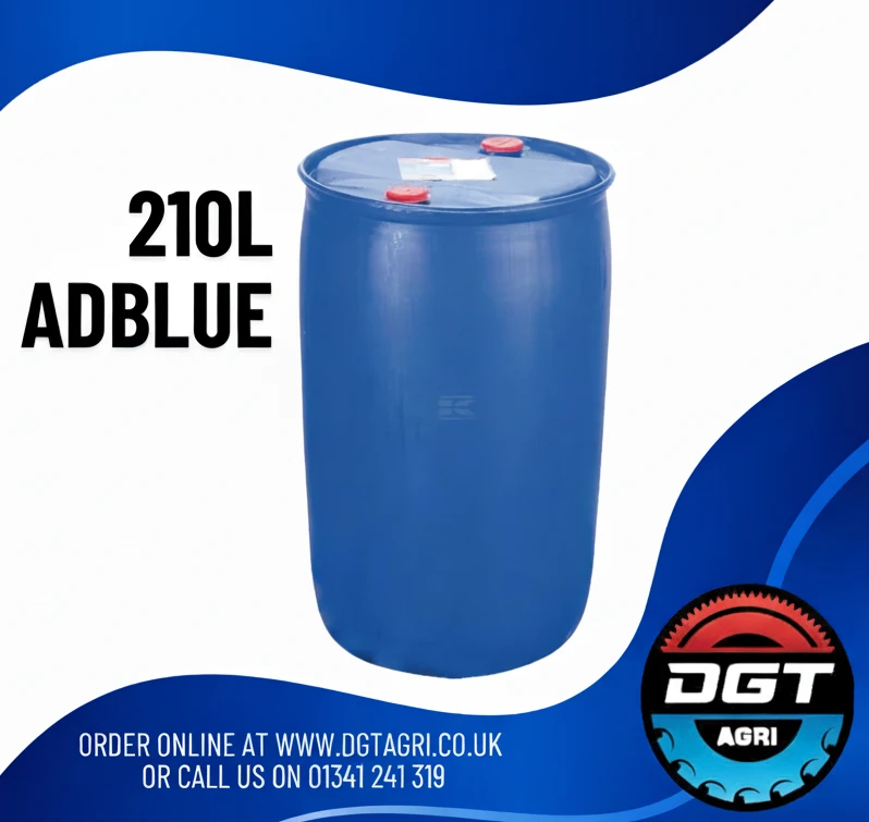 AdBlue 210L drum, blue steel container with DGT Agri logo