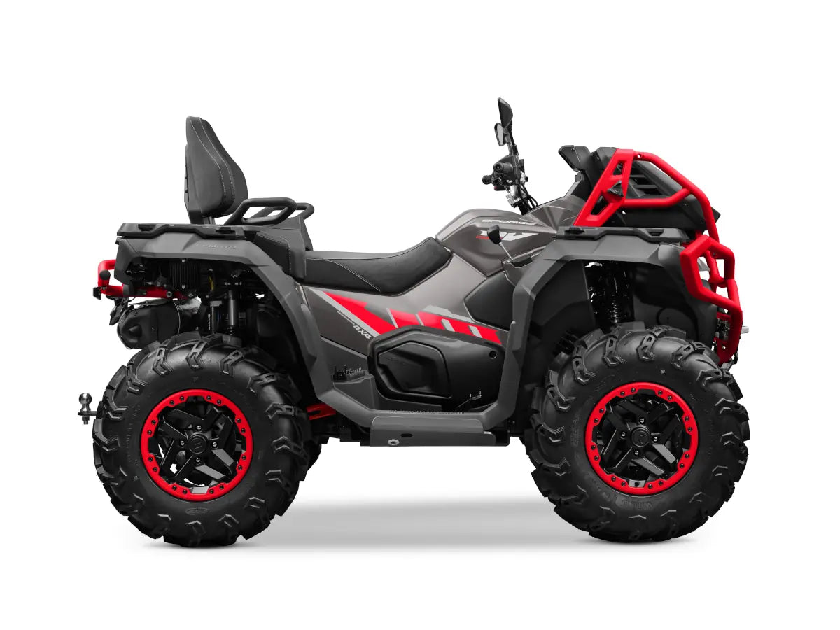 CFMOTO CForce 1000 MV ATV in granite gray with red chassis and red-rimmed mud tires