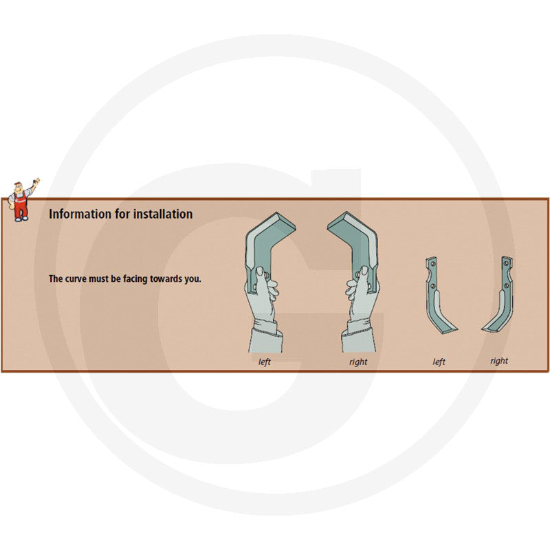 Curved blade GRANIT 180HOW-08R for tillage parts; four blade components with left and right orientation in installation guide.
