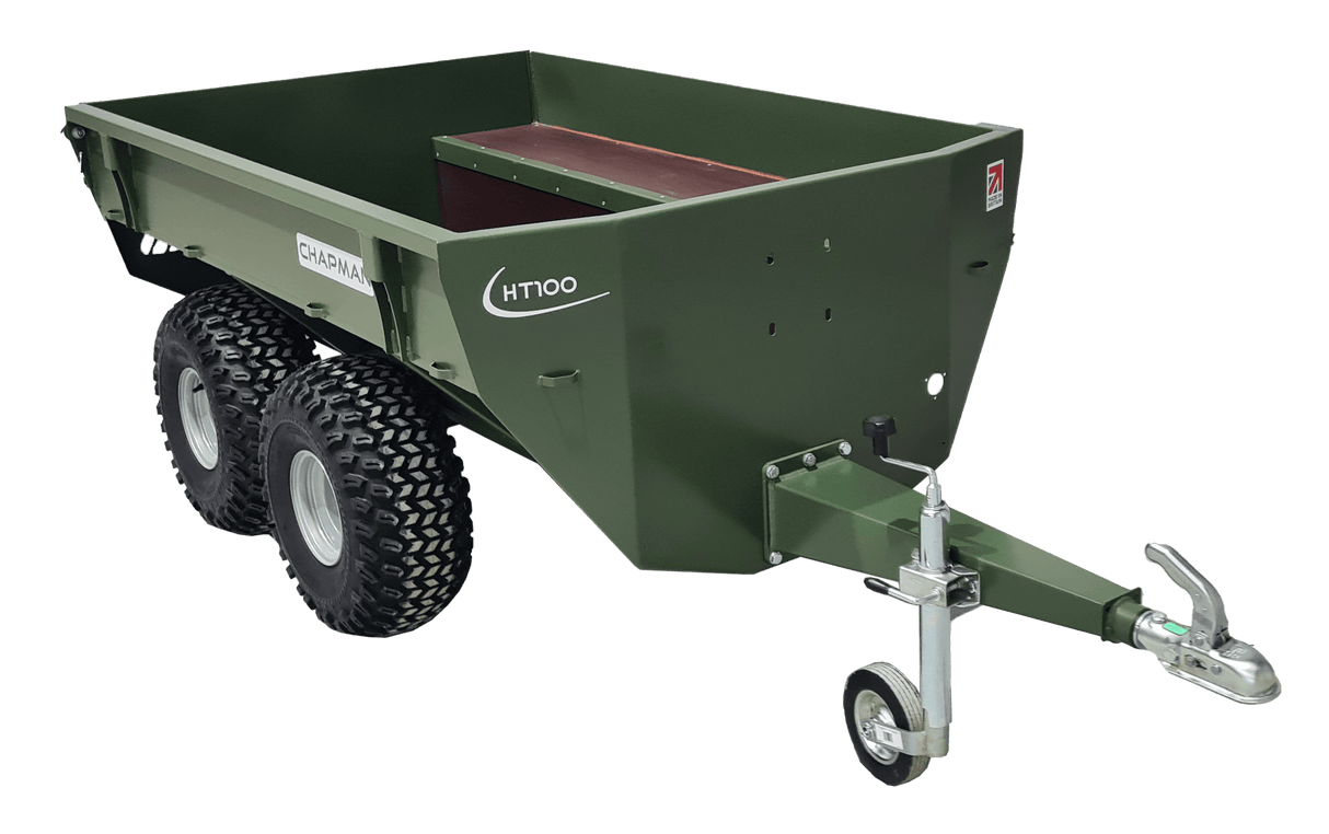 Chapman HT100 ATV trailer in NATO green with twin pivoting axle and 850kg payload