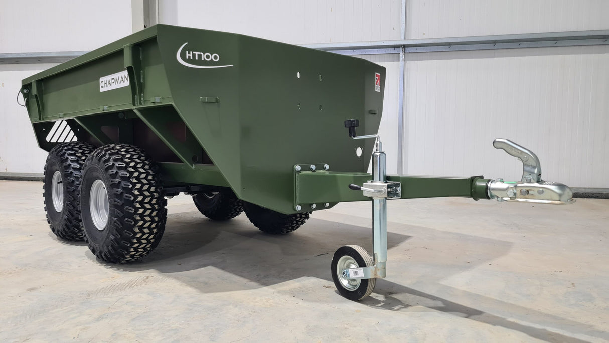 Chapman HT100 ATV trailer, NATO green utility trailer with twin-pivot axle and rugged off-road tires