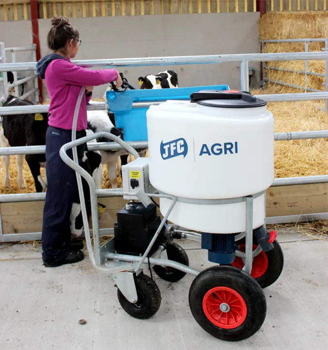 Milk Kart with Mixer and Pump, 170L MK170MP3, JFC Agri, red wheels.