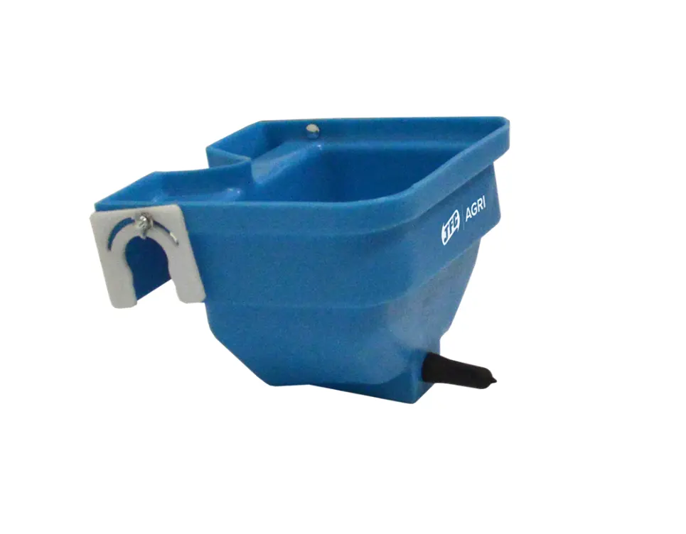 Single-teat calf feeder milk kart in blue plastic by JFC Agri with white clamp and black spout.