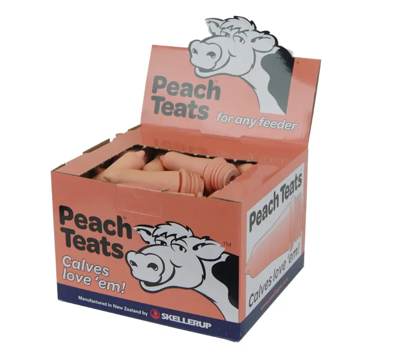 Peach Calf Teats CT5 in display box; peach-colored silicone by Skellerup