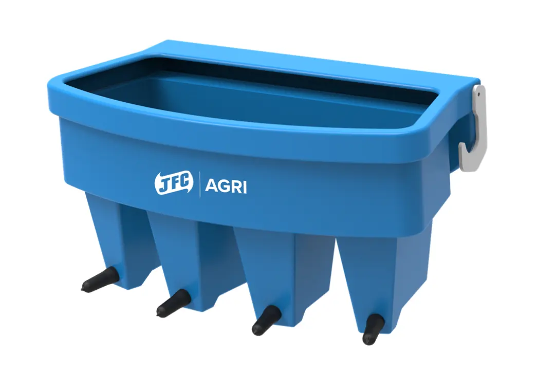 4-teat calf feeder, blue JFC Agri livestock feeder with four teat outlets.